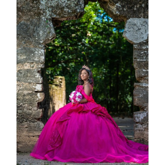 Hot Pink Vestidos De 15 Anos Butterfly Neck Quinceanera Dress Off Shoulder Women 2024 Ball Gown With Bow