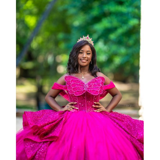 Hot Pink Vestidos De 15 Anos Butterfly Neck Quinceanera Dress Off Shoulder Women 2024 Ball Gown With Bow