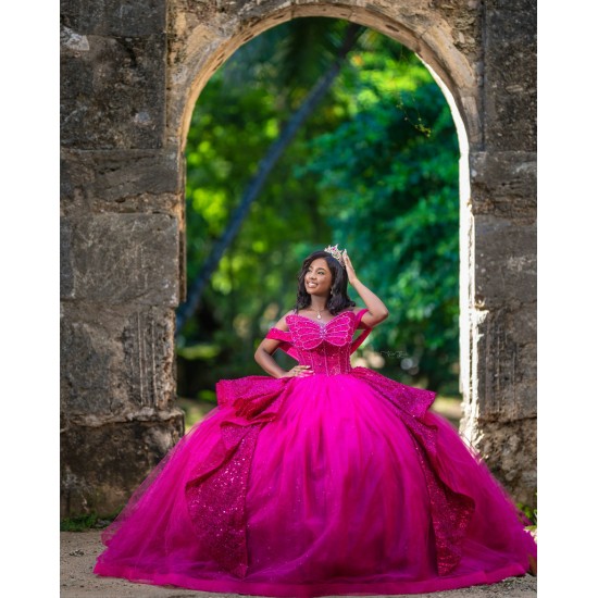 Hot Pink Vestidos De 15 Anos Butterfly Neck Quinceanera Dress Off Shoulder Women 2024 Ball Gown With Bow