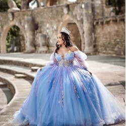 Off Shoulder Lilac Quince Dress Vestidos De 15 Anos Sweetheart Wear Pageant Lace Appliques Detachable Women 2024 Ball Gown