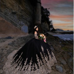 Long Sleeve Black Quinceanera Dress 2024 Ball Gown Floral Appliques Sweet 15 16 Dress Sparkle Cocktail Dresses