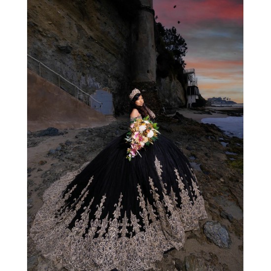 Long Sleeve Black Quinceanera Dress 2024 Ball Gown Floral Appliques Sweet 15 16 Dress Sparkle Cocktail Dresses