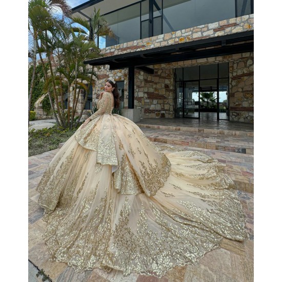 Long Sleeve Gold Quinceanera Dress Pearl Sequin Birthday Party Gowns Lace Appliques Sweetheart Neck Vestidos De 15 Anos