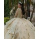 Long Sleeve Gold Quinceanera Dress Pearl Sequin Birthday Party Gowns Lace Appliques Sweetheart Neck Vestidos De 15 Anos