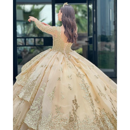 Long Sleeve Gold Quinceanera Dress Pearl Sequin Birthday Party Gowns Lace Appliques Sweetheart Neck Vestidos De 15 Anos