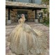 Long Sleeve Gold Quinceanera Dress Pearl Sequin Birthday Party Gowns Lace Appliques Sweetheart Neck Vestidos De 15 Anos