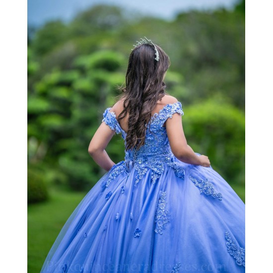 Off Shoulder Blue Quince Dress Sweetheart Neck 15 Anos Women 2024 Ball Gown Lace Appliques Girl Birthday Gowns