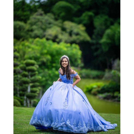 Off Shoulder Blue Quince Dress Sweetheart Neck 15 Anos Women 2024 Ball Gown Lace Appliques Girl Birthday Gowns