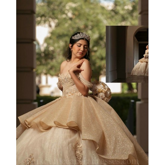 Sweetheart Neck 15 Dress Off Shoulder Champagne Quinceanera Dresses Metallic Sequins 