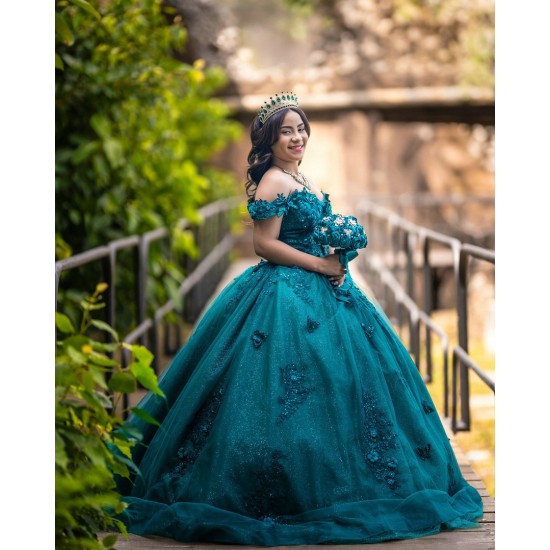 Off Shoulder Emerald Green Quinceanera Dress Sweetheart Neck Vestidos De 15 Anos Lace Appliques 15TH Birthday Dress