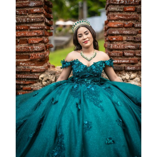 Off Shoulder Emerald Green Quinceanera Dress Sweetheart Neck Vestidos De 15 Anos Lace Appliques 15TH Birthday Dress