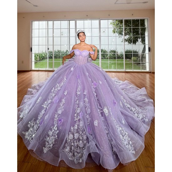 Off Shoulder Lavender Quinceanera Dress Sweetheart Neck Vestidos De 15 Anos With Bow