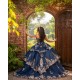 Off Shoulder Navy Blue Quinceanera Dresses Lace Appliques V Neck 15 Dress With Bow