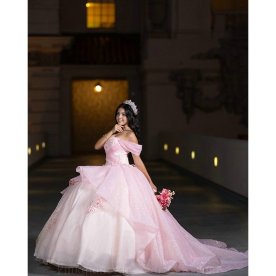 Off Shoulder Pink Quinceanera Dress Sweetheart Neck Sweet 15 Gowns Wear Pageant Sequin 2024 Ball Gown Princess Dresses With Bow