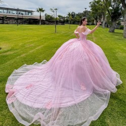 Off Shoulder Pink Quinceanera Dress Sweetheart Neck Vestidos De 15 Anos Lace Appliques Girl Women Dress