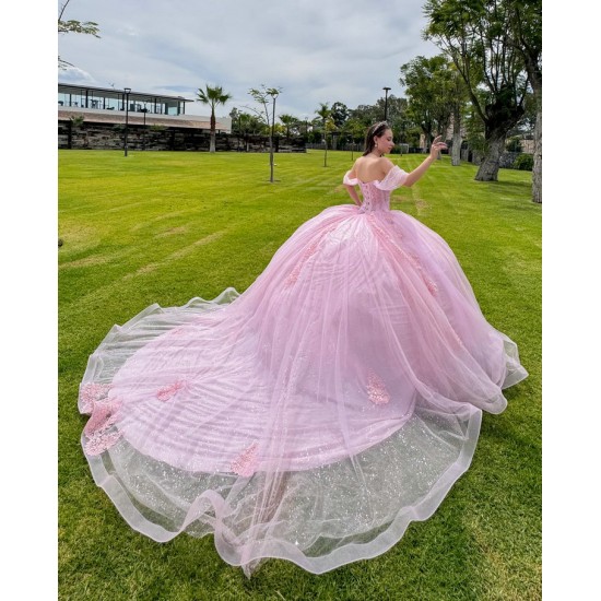 Off Shoulder Pink Quinceanera Dress Sweetheart Neck Vestidos De 15 Anos Lace Appliques Girl Women Dress