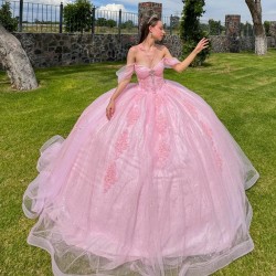 Off Shoulder Pink Quinceanera Dress Sweetheart Neck Vestidos De 15 Anos Lace Appliques Girl Women Dress