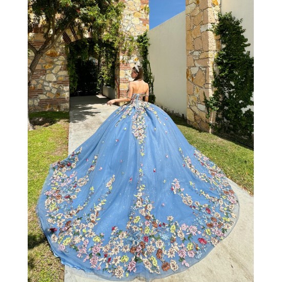 Off Shoulder Quinceanera Dress Sky Blue Sweet 15 Gowns Sweetheart Neck Sequin Vestidos De 15 Anos With 3D Flowers