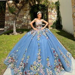 Off Shoulder Quinceanera Dress Sky Blue Sweet 15 Gowns Sweetheart Neck Sequin Vestidos De 15 Anos With 3D Flowers