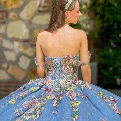 Off Shoulder Quinceanera Dress Sky Blue Sweet 15 Gowns Sweetheart Neck Sequin Vestidos De 15 Anos With 3D Flowers