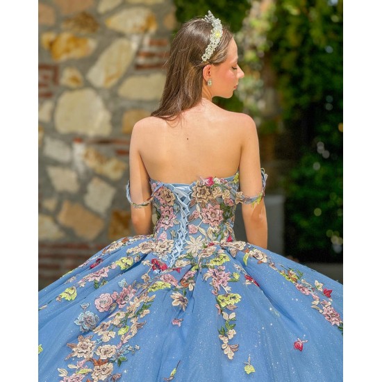 Off Shoulder Quinceanera Dress Sky Blue Sweet 15 Gowns Sweetheart Neck Sequin Vestidos De 15 Anos With 3D Flowers