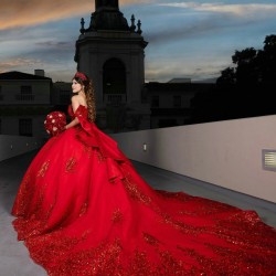 Off Shoulder Red Quince Dress Sequin Birthday Party Gowns Pearl Sweetheart Neck Vestidos De 15 Anos