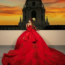 Off Shoulder Red Quince Dress Sequin Birthday Party Gowns Pearl Sweetheart Neck Vestidos De 15 Anos