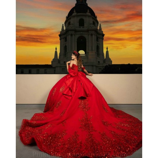 Off Shoulder Red Quince Dress Sequin Birthday Party Gowns Pearl Sweetheart Neck Vestidos De 15 Anos