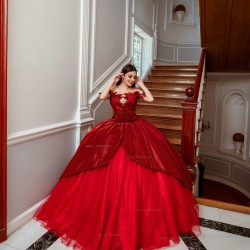 Off Shoulder Red Quinceanera Dress Ball Gown Sequins Corset Sweet 16 Vestido De 15 Anos