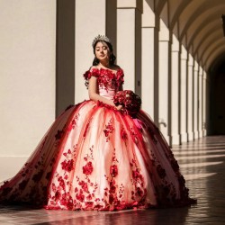 Off Shoulder Red Quinceanera Dresses Sweetheart Neck 15 Dress Vestidos De 15 Anos With 3D Flower