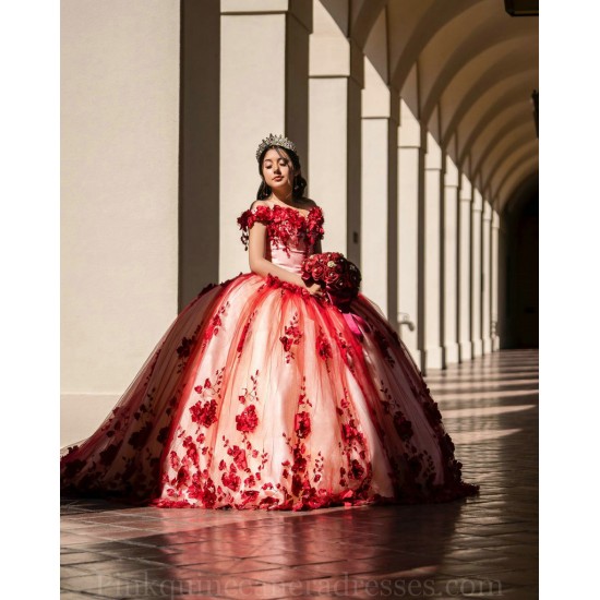 Off Shoulder Red Quinceanera Dresses Sweetheart Neck 15 Dress Vestidos De 15 Anos With 3D Flower