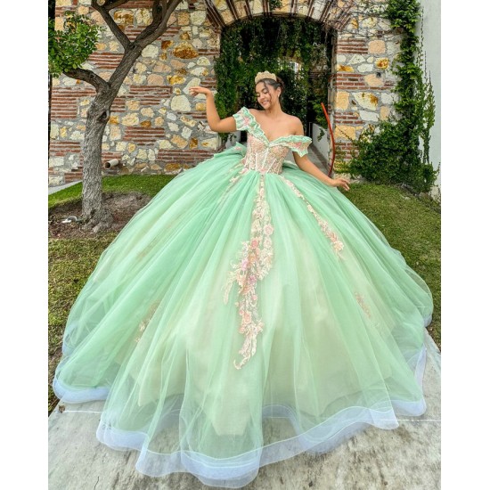 Off Shoulder Sage Green Ballgown Floral Appliques Quinceanera Dress 2024 Vestidos De 15 Anos