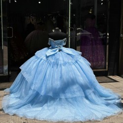 Off Shoulder Sky Blue Quince Dress Crystal Wear Pageant Sweetheart Neck Vestidos De 15 Anos Sequin Instagram Gowns With Bow