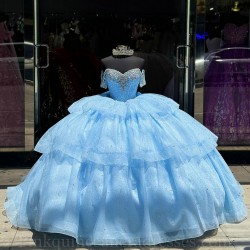 Off Shoulder Sky Blue Quince Dress Crystal Wear Pageant Sweetheart Neck Vestidos De 15 Anos Sequin Instagram Gowns With Bow