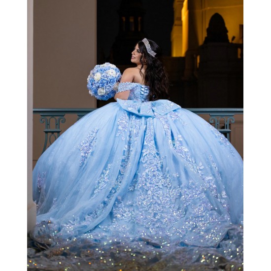 Off Shoulder Vestidos De 15 Anos Lace Appliques Sky Blue Quince Dress Sequin Princess Dress With Bow