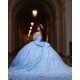 Off Shoulder Vestidos De 15 Anos Lace Appliques Sky Blue Quince Dress Sequin Princess Dress With Bow