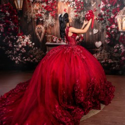 Off Shoulder Vestidos De 15 Anos Red Quinceanera Dress Sweetheart Neck Sweet 15 Prom Party Dresses With 3D Flowers