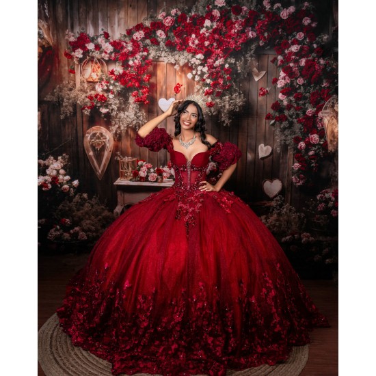 Off Shoulder Vestidos De 15 Anos Red Quinceanera Dress Sweetheart Neck Sweet 15 Prom Party Dresses With 3D Flowers