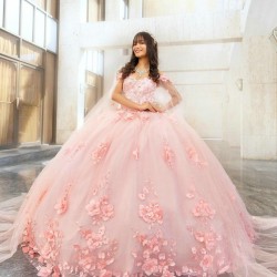 Pink Quince Dress 3D Flowers Party Vestidos De 15 Anos Sweetheart Neck Lace Appliques Women 2024 Ball Gown With Cape