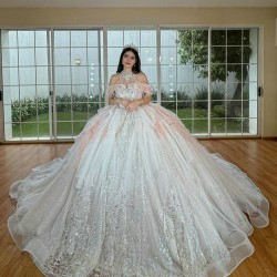 Pink Quince Dress Off Shoulder 15 Anos Crystal Sweetheart Neck Women 2024 Ball Gown Lace Appliques Sequin Girl Birthday Gowns