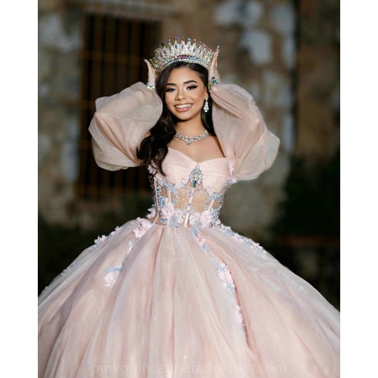 Long Sleeve Pink Quinceanera Dress Girls Ball Gown Sheer Bodice Sweet 16 Dresses 3D Flowers Sweetheart Neck Vestidos De 15 Anos