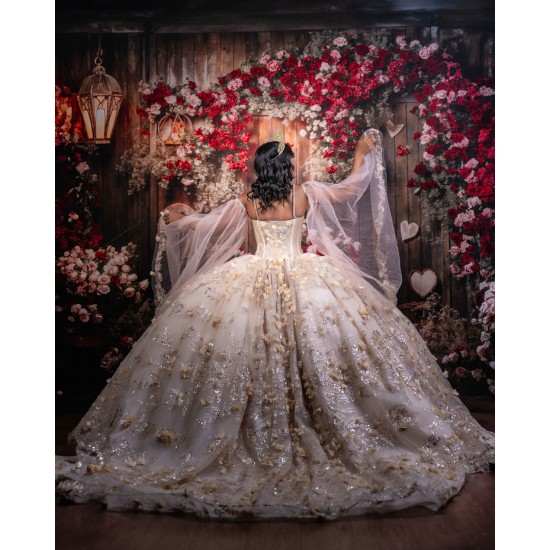 Princess Champagne Quinceanera Dress Women Prom Dress Cape Sleeve Ball Gown Sweet 15 16 Dresses