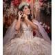 Princess Champagne Quinceanera Dress Women Prom Dress Cape Sleeve Ball Gown Sweet 15 16 Dresses