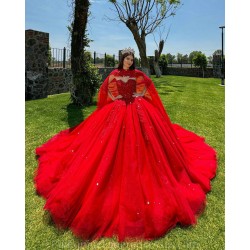 Cape Sleeve 15 Anos Red Quince Dress Crystal Sweetheart Neck Women 2024 Ball Gown Lace Appliques Pearl Girl Birthday Gowns