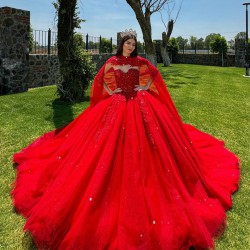 Cape Sleeve 15 Anos Red Quince Dress Crystal Sweetheart Neck Women 2024 Ball Gown Lace Appliques Pearl Girl Birthday Gowns