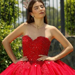 Cape Sleeve 15 Anos Red Quince Dress Crystal Sweetheart Neck Women 2024 Ball Gown Lace Appliques Pearl Girl Birthday Gowns