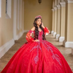 Off Shoulder Red Quince Dress Detachable Wear Pageant Lace Appliques 15TH Birthday Dresses Sweetheart Neck Vestidos De 15 Anos