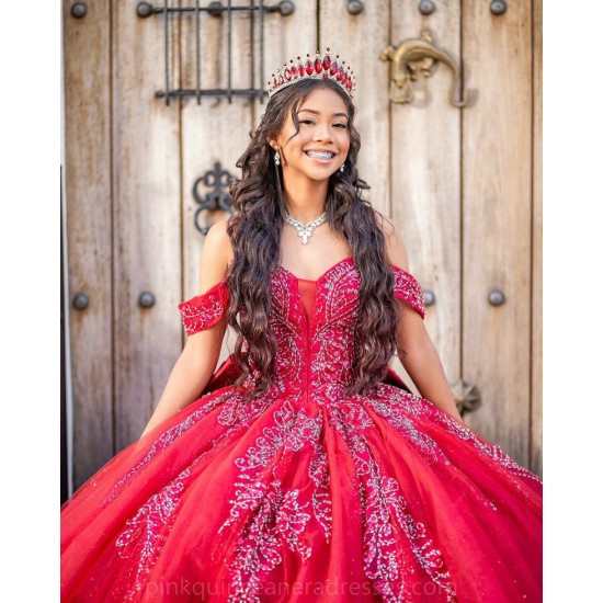 Off Shoulder Red Quince Dress Detachable Wear Pageant Lace Appliques 15TH Birthday Dresses Sweetheart Neck Vestidos De 15 Anos