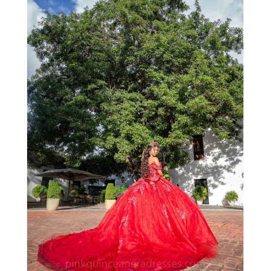 Off Shoulder Red Quince Dress Detachable Wear Pageant Lace Appliques 15TH Birthday Dresses Sweetheart Neck Vestidos De 15 Anos