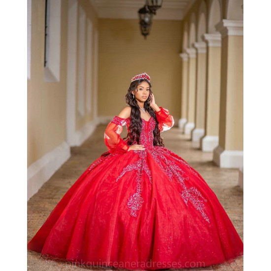 Off Shoulder Red Quince Dress Detachable Wear Pageant Lace Appliques 15TH Birthday Dresses Sweetheart Neck Vestidos De 15 Anos